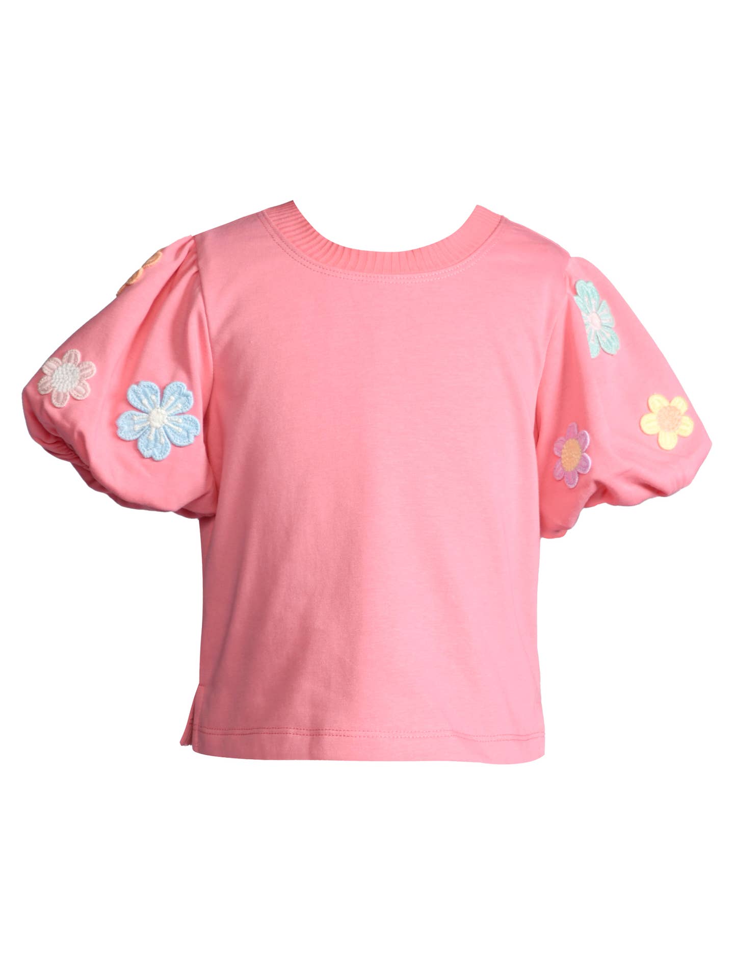 Puff Sleeve Top with Flower Trim Detail, Coral