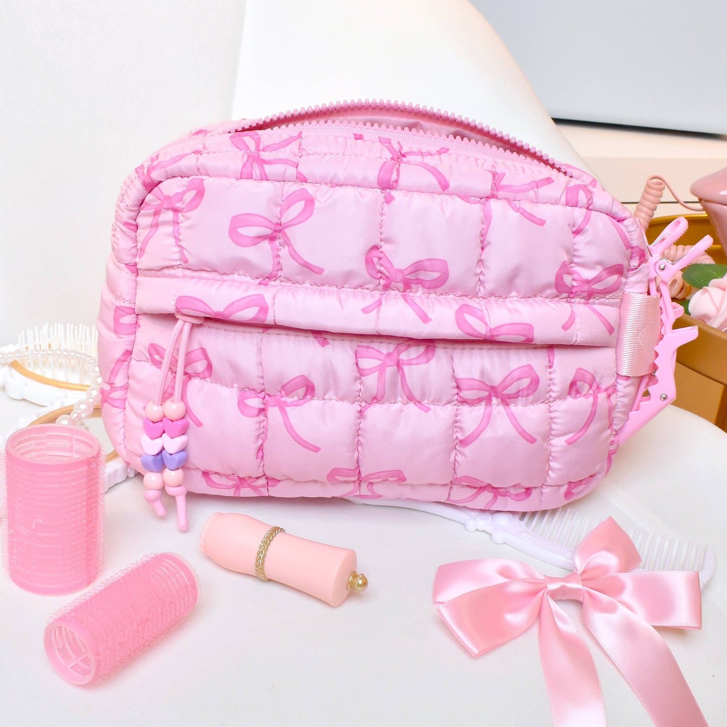 Quilted Scrunchies Bow Printed Pouch