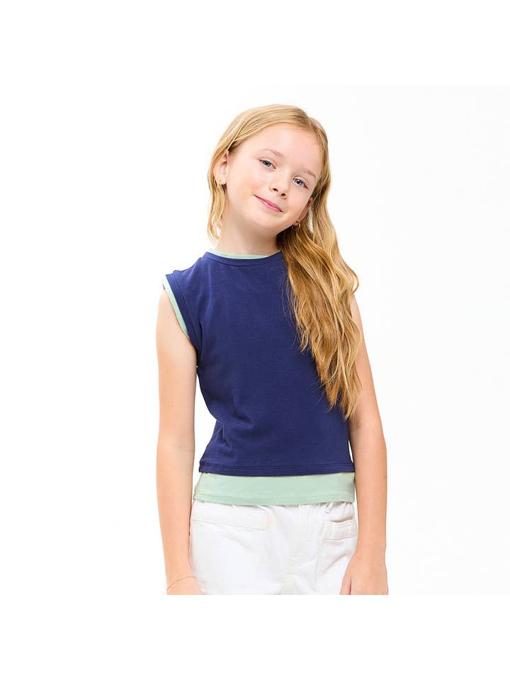 Color Blocked Sleeveless Layered Top, Navy