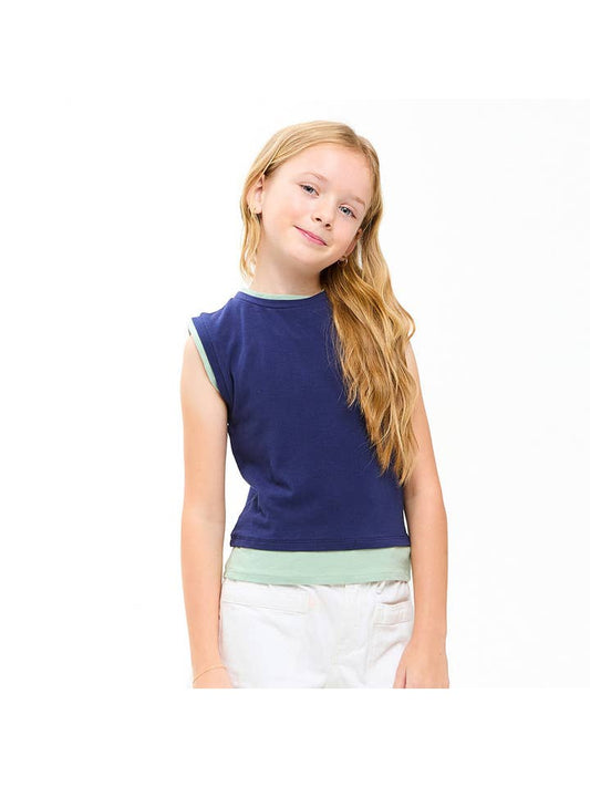 Color Blocked Sleeveless Layered Top, Navy