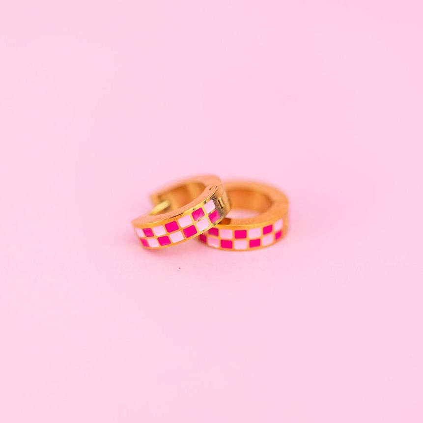 Pink Checkered Chunky Huggie Hoops