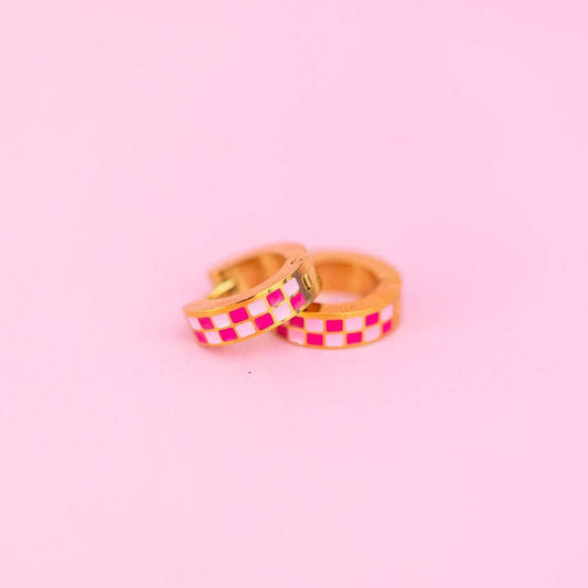 Pink Checkered Chunky Huggie Hoops