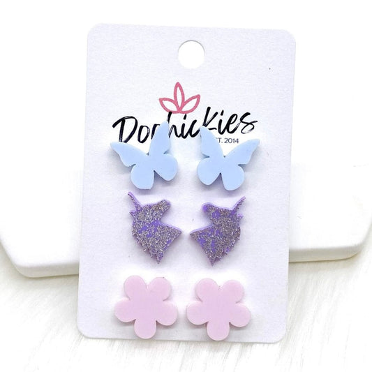 Blue Butterfly/Glittery Purple Unicorn/Pink Daisy Earrings