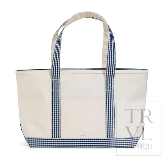 Medium Tote, Coated Canvas Navy Gingham