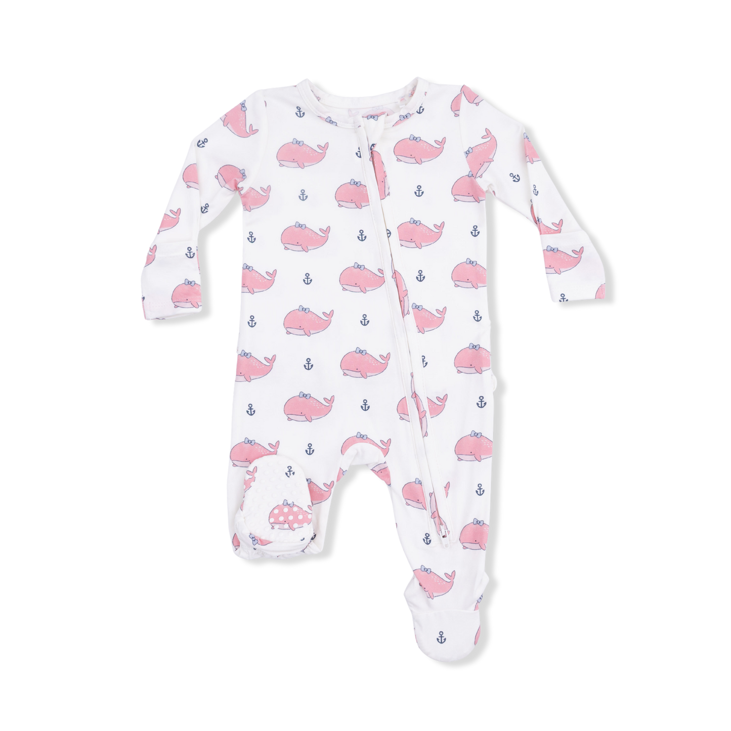 Bubbly Whale with Bow Pink 2 Way Ruffle Back Zipper Footie