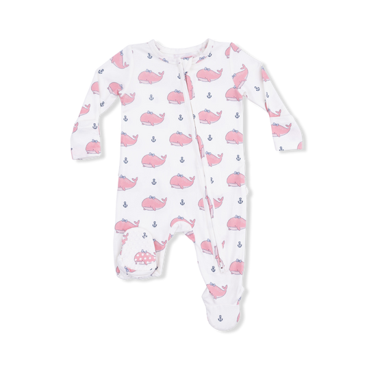 Bubbly Whale with Bow Pink 2 Way Ruffle Back Zipper Footie