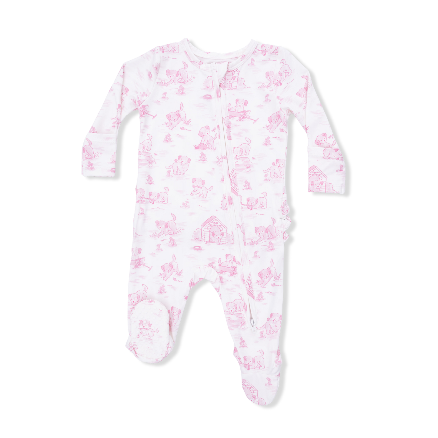 Puppy Toile Pink 2 Way Ruffle Back Zipper Footie