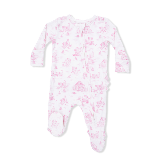 Puppy Toile Pink 2 Way Ruffle Back Zipper Footie