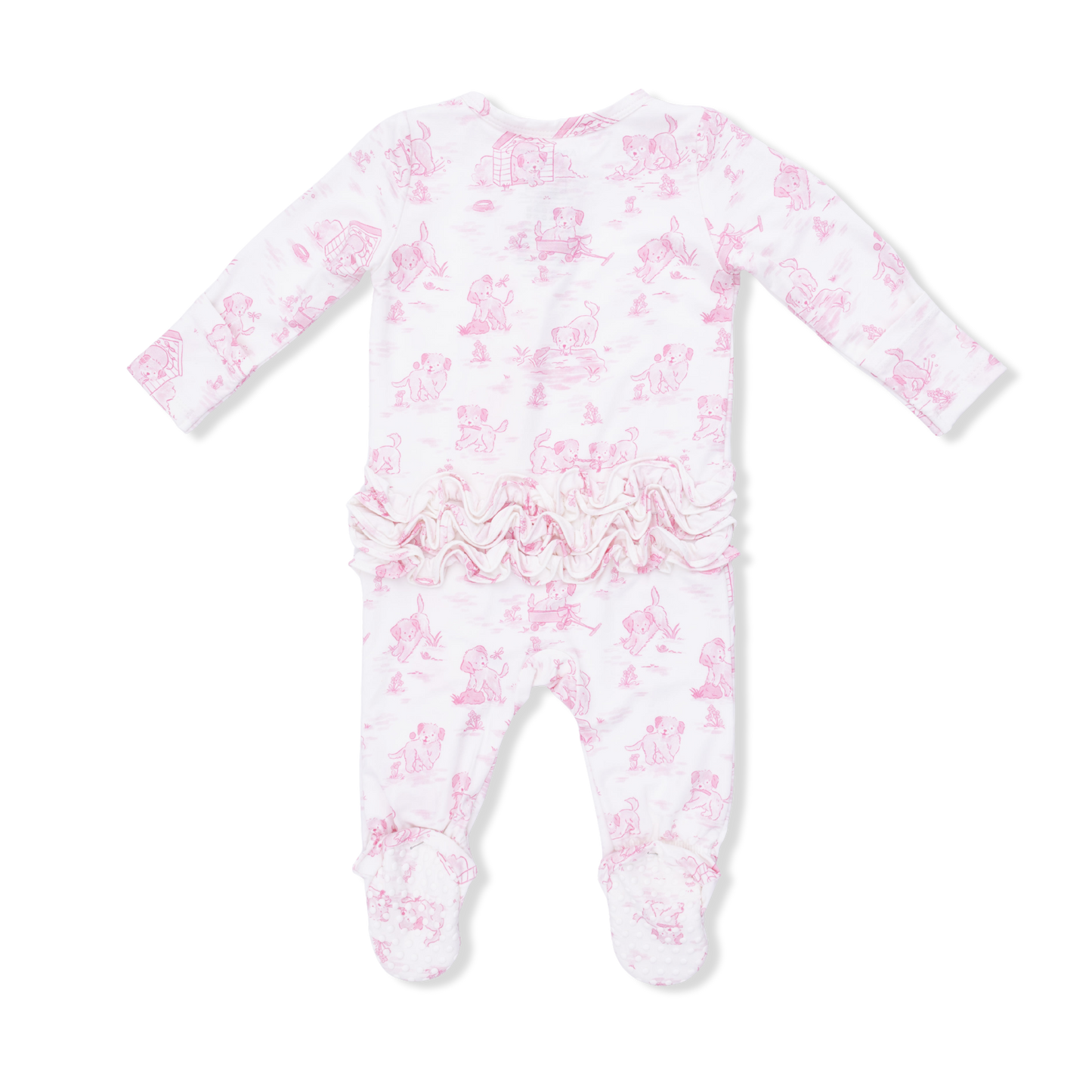 Puppy Toile Pink 2 Way Ruffle Back Zipper Footie