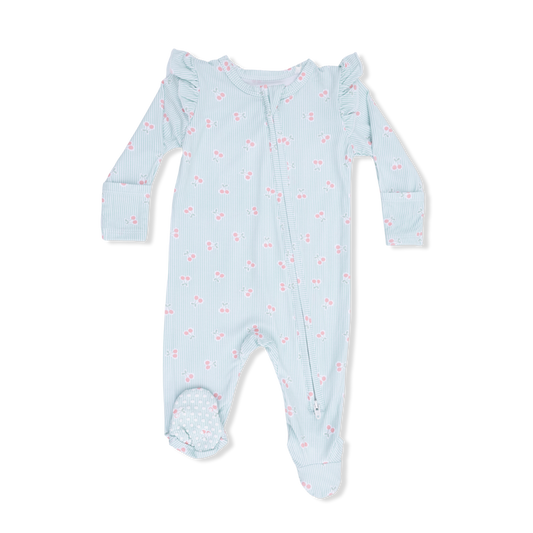 Tiny Cherry Stripe 2 Way Ruffle Sleeve Zipper Footie