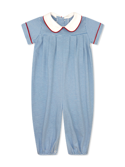 Precious Pleated Romper, Blue Ministripe with Red Trim