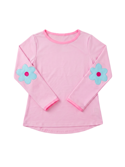 Kylie Long Sleeve Tee, Cotton Candy Pink with Flower Patch
