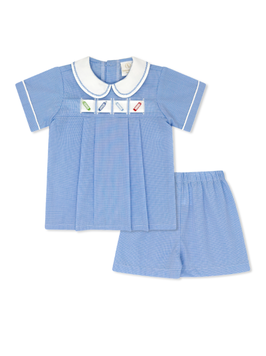 Noah Ribbon Short Set - River Royal Minigingham, Drums, Snowman, Airplane, Crayons