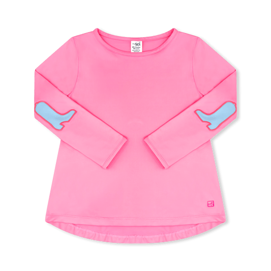 Kylie Shirt, Flamingo Pink with Blue Boot Elbow Patches