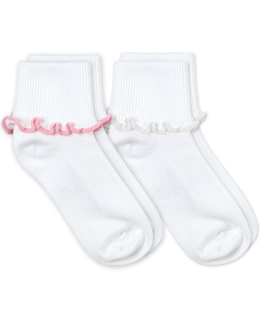 White Turn Cuff Socks With Ruffle Trim- 2 Pk. (white with Pink)