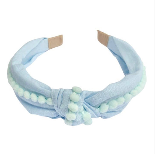 Pom Pom Knot Headband - Light Blue