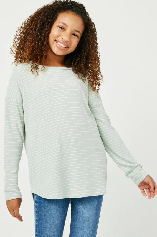 Girls Drop Shoulder Long Sleeve Striped Knit Top