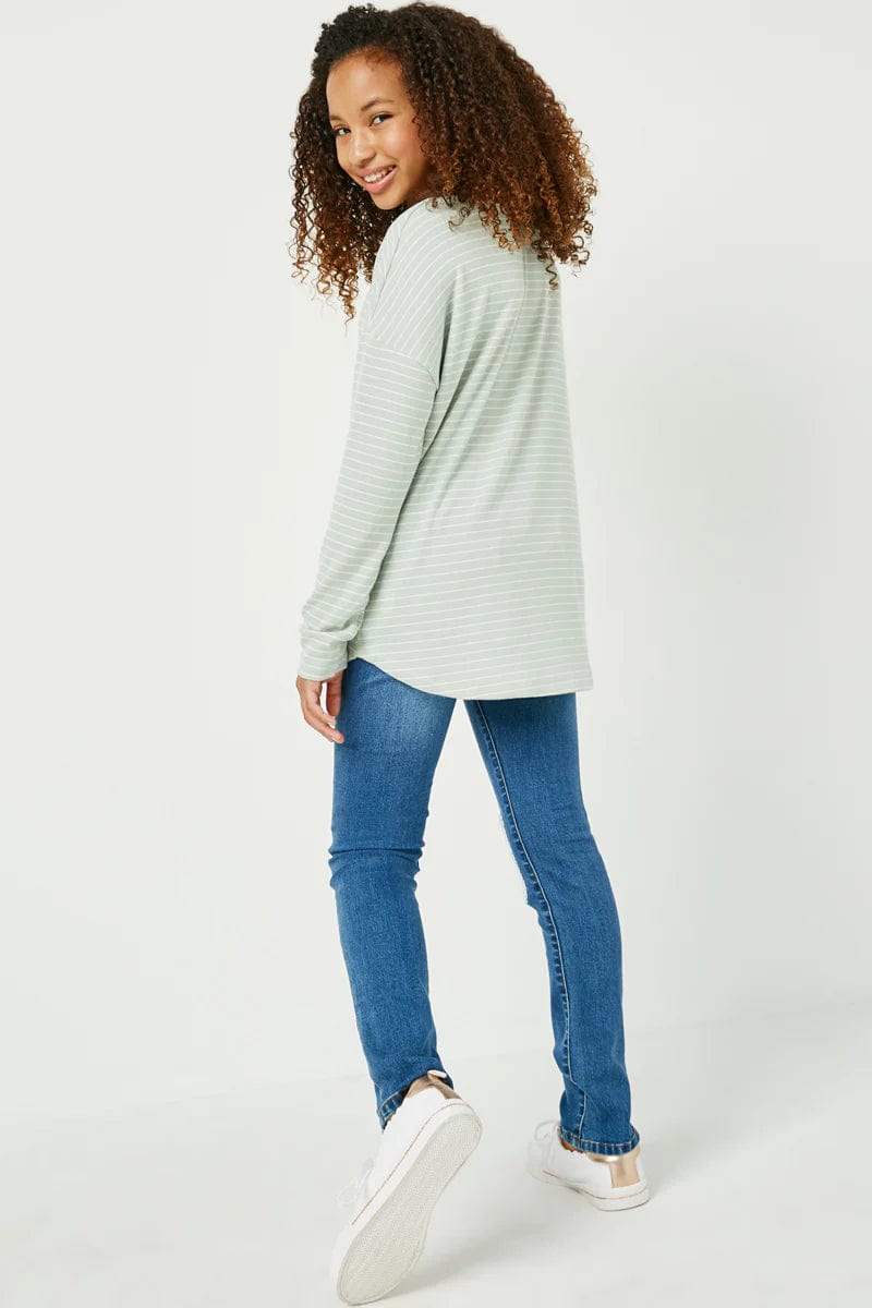 Girls Drop Shoulder Long Sleeve Striped Knit Top