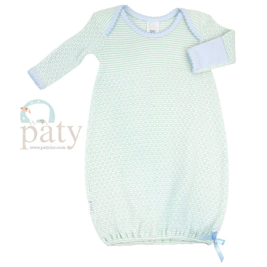 Mint Stripe Knit Long Sleeve Lap-Shoulder Gown with Blue Trim by Paty