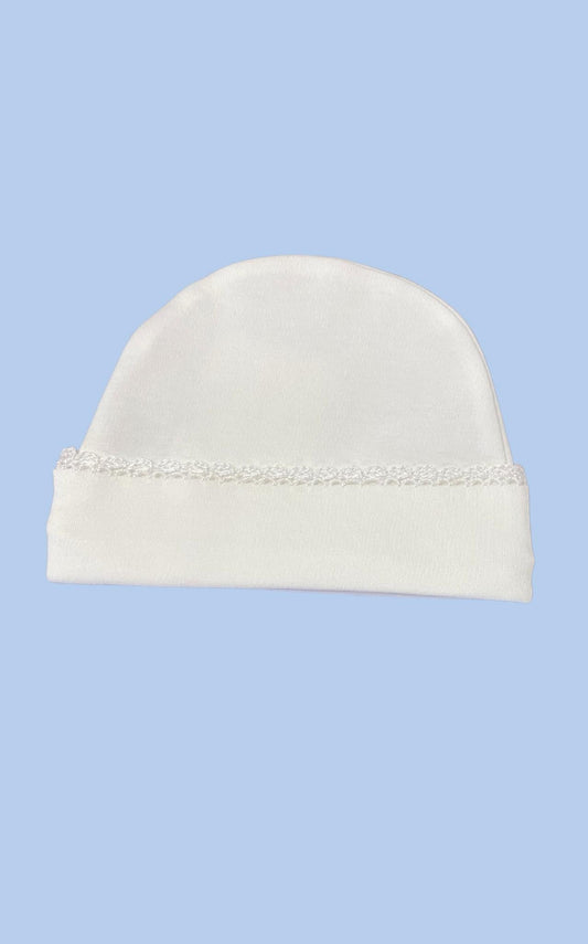 White Newborn Cap with White Crochet Trim by Squiggles