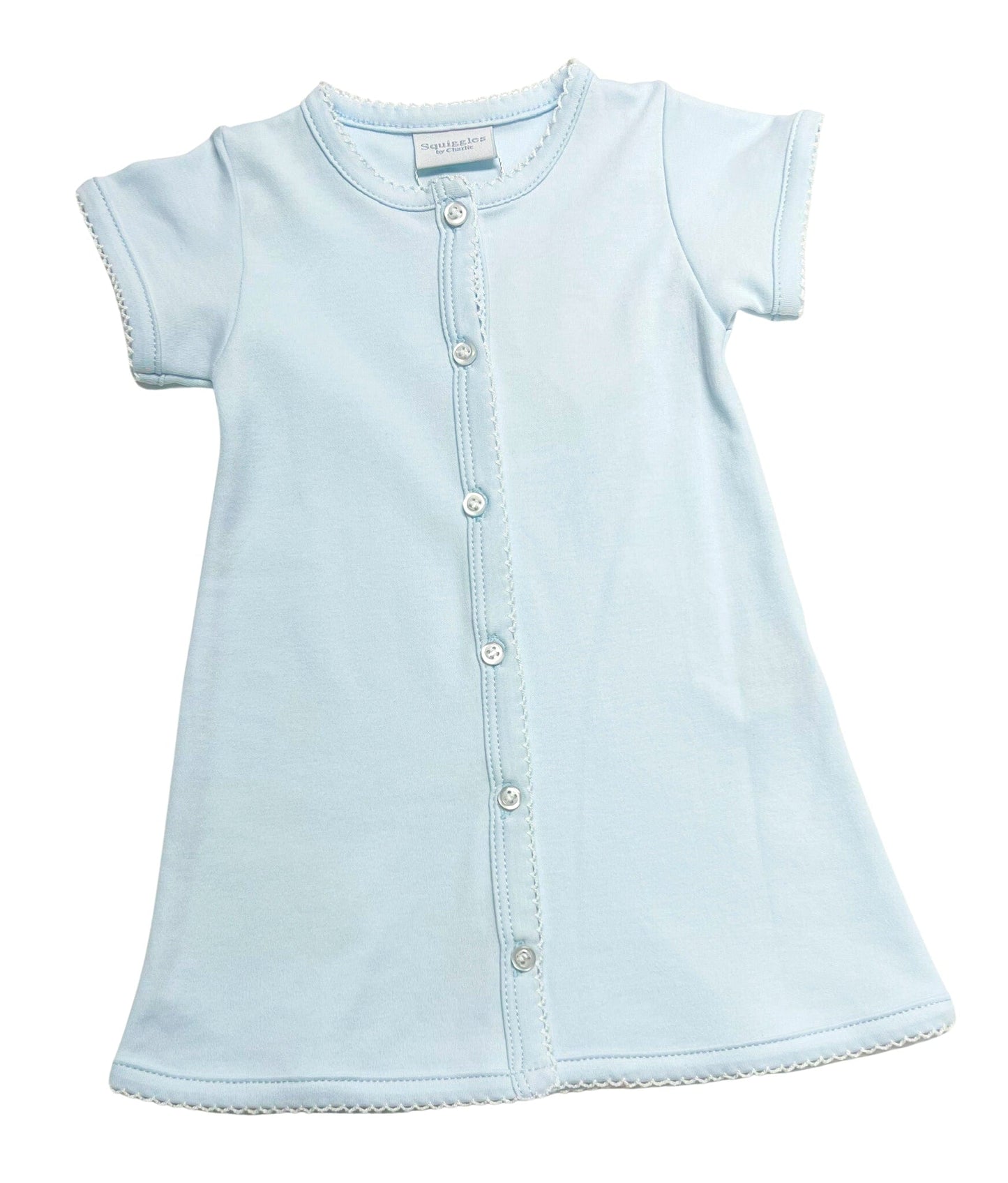Light Blue Short Sleeve Day Gown with White Picot Trim