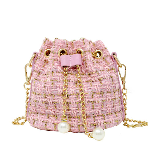 Tweed Drawstring Bag, Pink