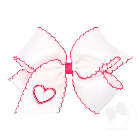 Heart Embroidered Moonstitch Hairbow, White with Pink