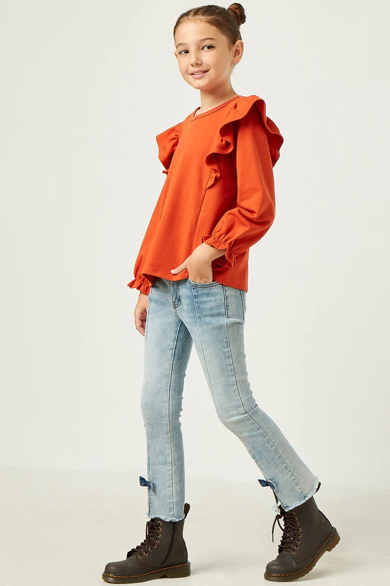 Soft French Terry Ruffled Long Sleeve Burnt Orange Top by Hayden Girls