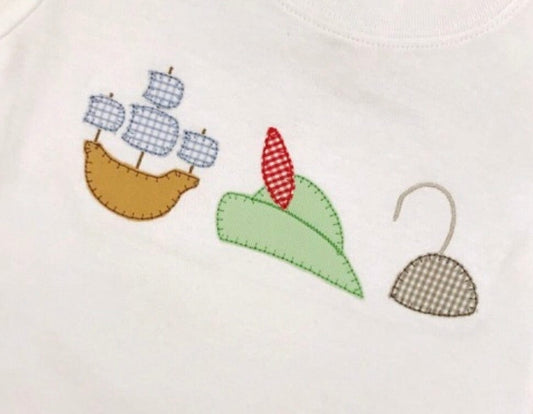 Pirate Ship, Hat, and Hook Row Applique Shirt