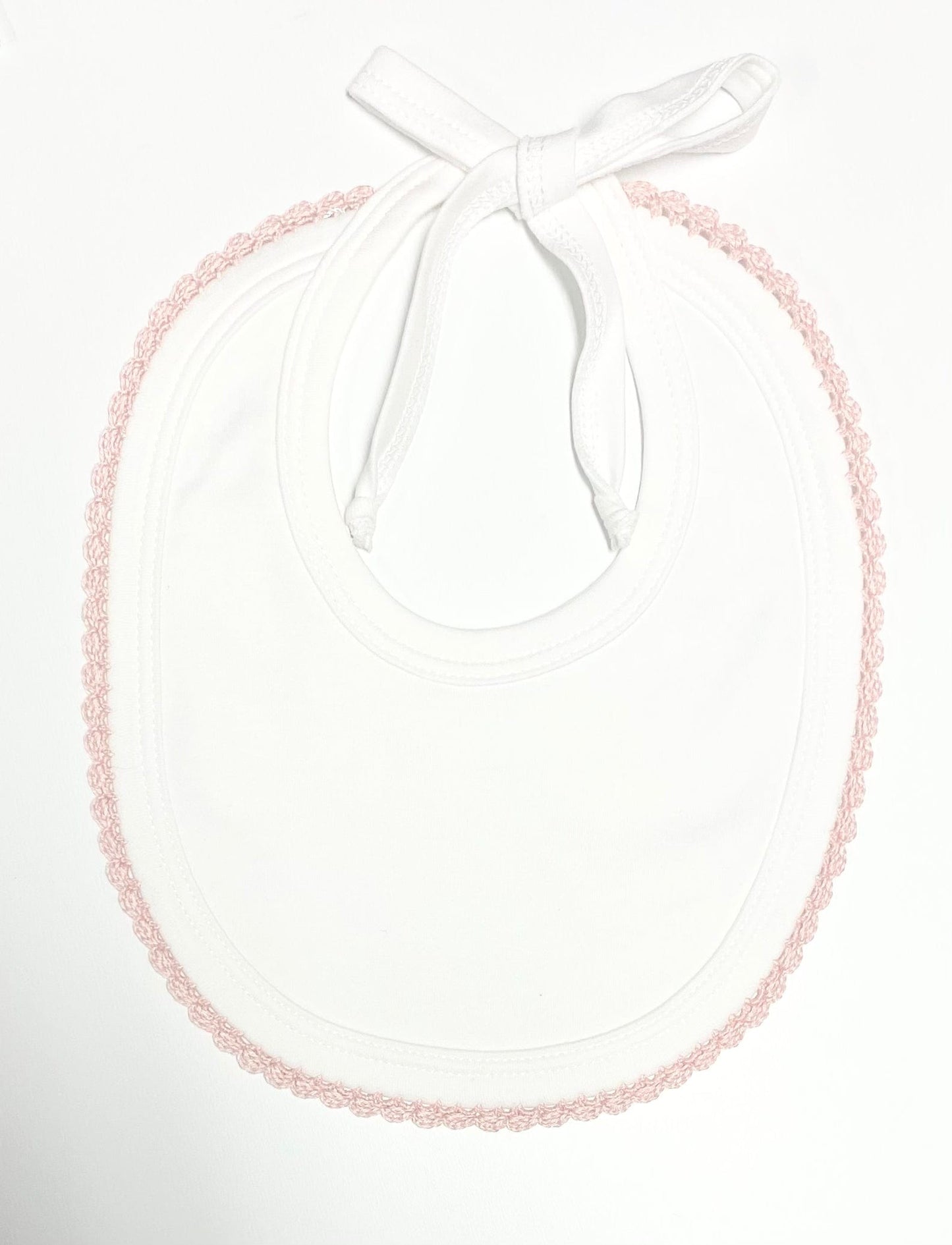 White Bib with Pink Crochet by Squiggles