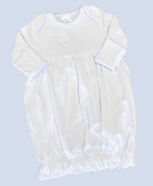 White Cotton Long Sleeve Empire Gown with Blue Picot Trim by Paty