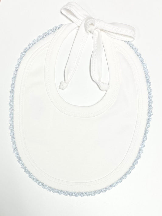 White Bib with Blue Crochet by Squiggles