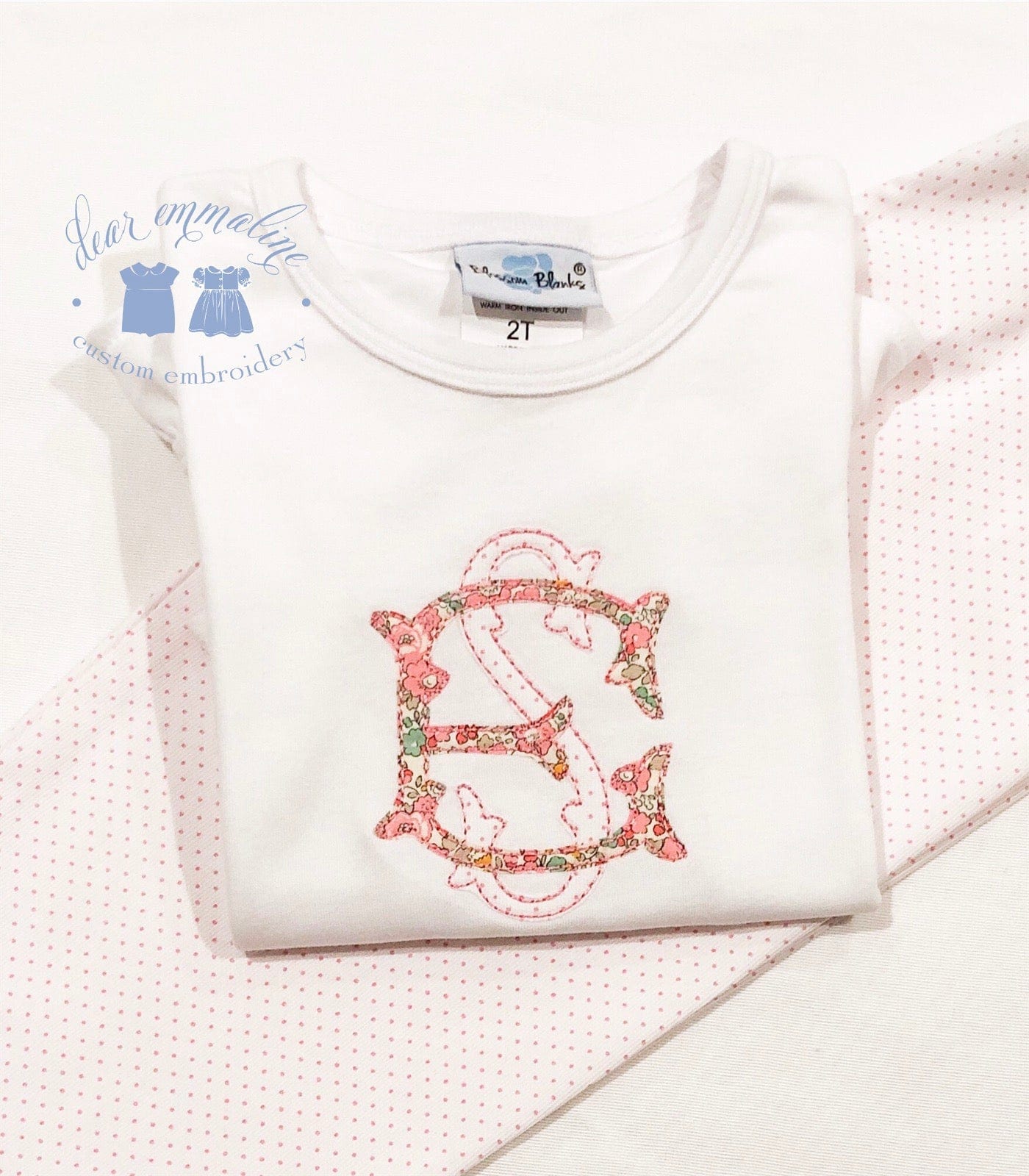 Girls Two Letter Monogram Applique Shirt