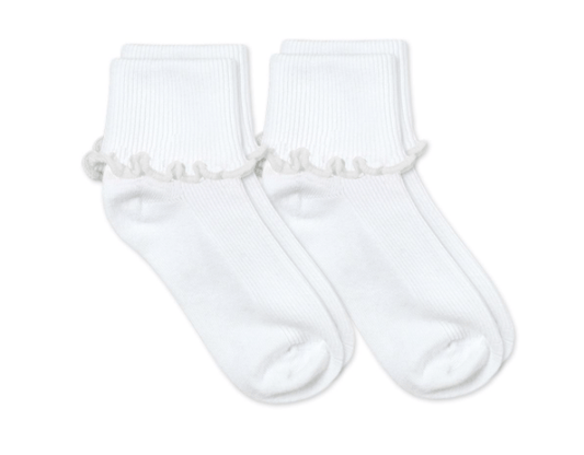 White Turn Cuff Socks With Ruffle Trim- 2 Pk. (White)